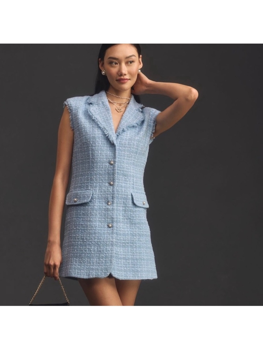 Anthropologie Maeve Sleeveless Tweed Blazer Mini Dress Blue